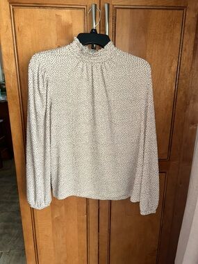 LOFT Cream Blouse with Black Dot Print and Smocked Neck
